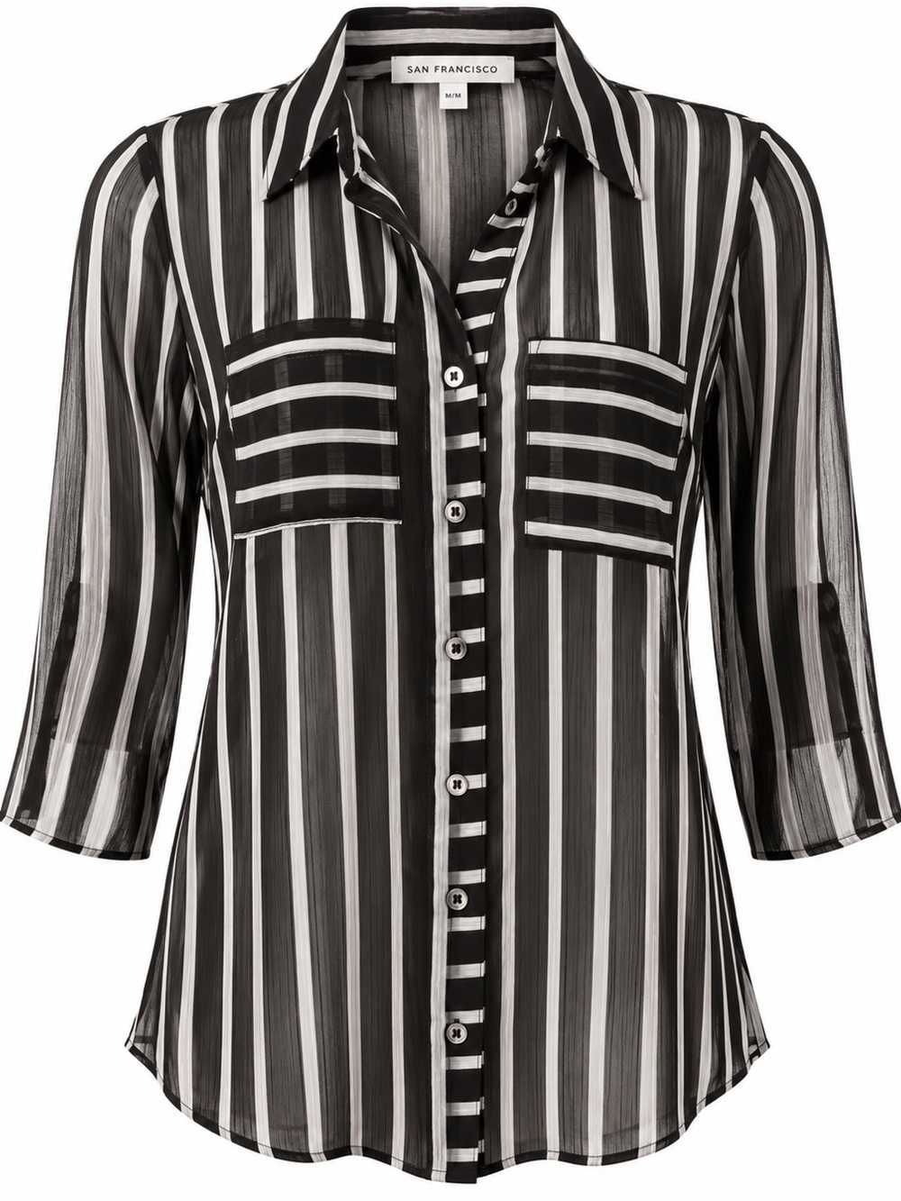 San Francisco Black White Striped Sheer Button Down Blouse M